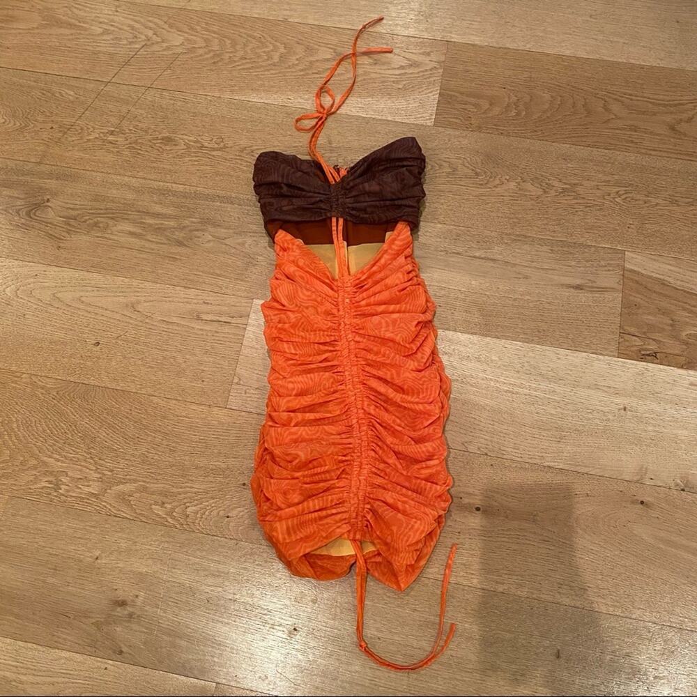 Mistress Rocks let Me Go Chocolate Orange Print Ruched Halter Mini Dress Size XS